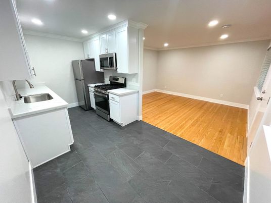 Interior, Kitchen, Recessed Lighting, Stainless Steel Appliances, Wood Texture Flooring