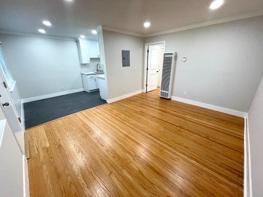 Empty room, Interior, Kitchen, Recessed Lighting, Wood Texture Flooring