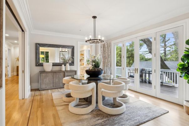 Dining room, Interior, Pendant Lights, Recessed Lighting, Wood Texture Flooring