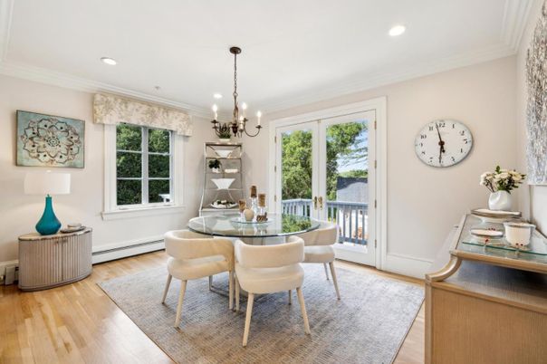 Dining room, Interior, Recessed Lighting, Wood Texture Flooring