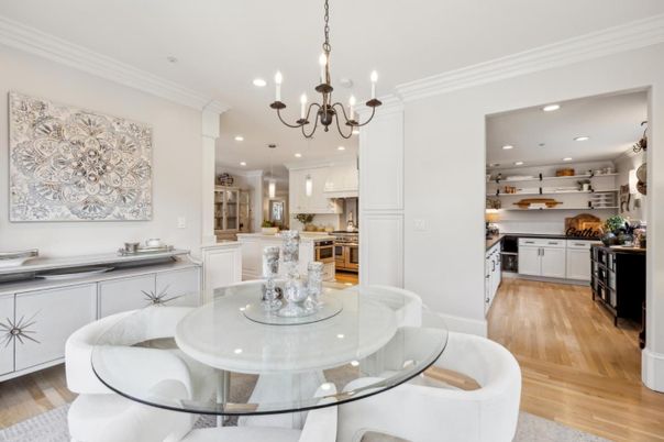 Chandelier, Dining room, Interior, Kitchen, Recessed Lighting, Wood Texture Flooring