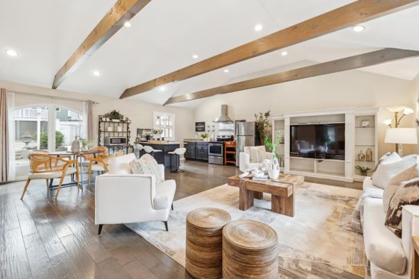 Dining room, Interior, Kitchen, Living room, Recessed Lighting, Stainless Steel Appliances, Wooden Beams, Wood Texture Flooring