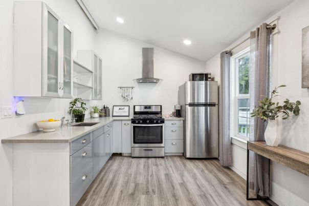 Interior, Kitchen, Recessed Lighting, Stainless Steel Appliances, Wood Texture Flooring