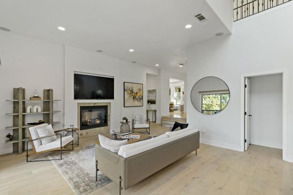 Fireplace, Interior, Living room, Recessed Lighting, Wood Texture Flooring