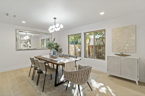 Chandelier, Dining room, Interior, Recessed Lighting, Wood Texture Flooring