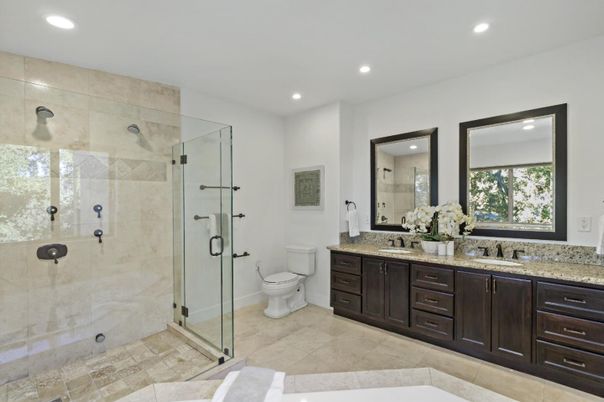 Bathroom, Dual Sink Vanities, Glass Shower, Interior, Recessed Lighting