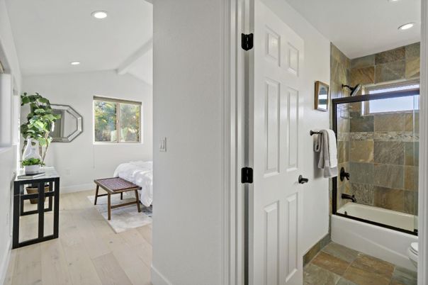 Bathroom, Glass Shower, Interior, Recessed Lighting, Wood Texture Flooring