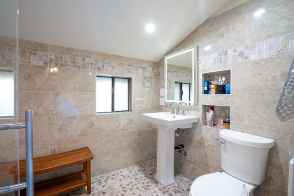 Bathroom, Free Standing Baths, Interior, Recessed Lighting, Stone Walls