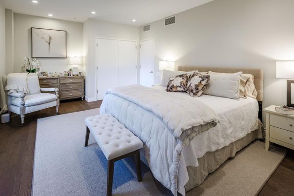 Bedroom, Interior, Recessed Lighting, Wood Texture Flooring