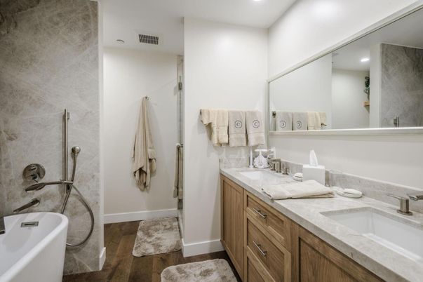 Bathroom, Dual Sink Vanities, Interior, Recessed Lighting, Wood Texture Flooring