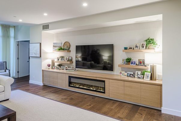 Fireplace, Interior, Recessed Lighting, Wood Texture Flooring