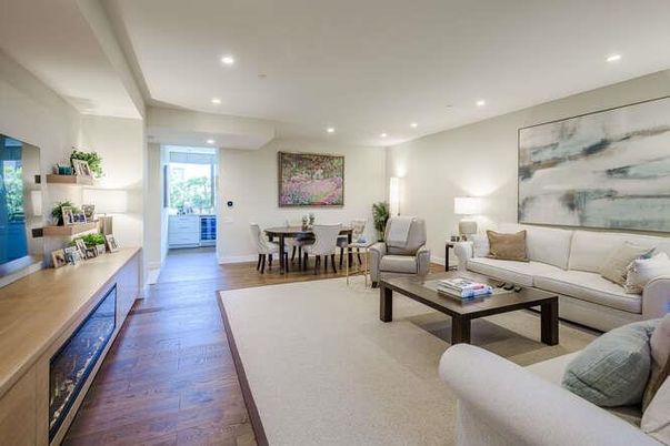 Dining room, Interior, Living room, Recessed Lighting, Wood Texture Flooring