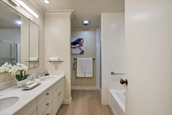 Bathroom, Dual Sink Vanities, Interior, Recessed Lighting, Wood Texture Flooring