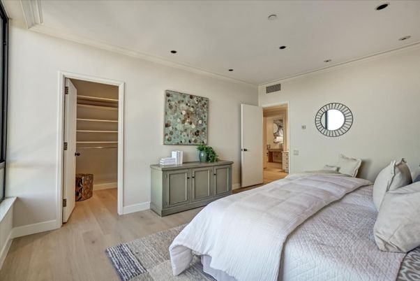 Bedroom, Interior, Recessed Lighting, Wood Texture Flooring