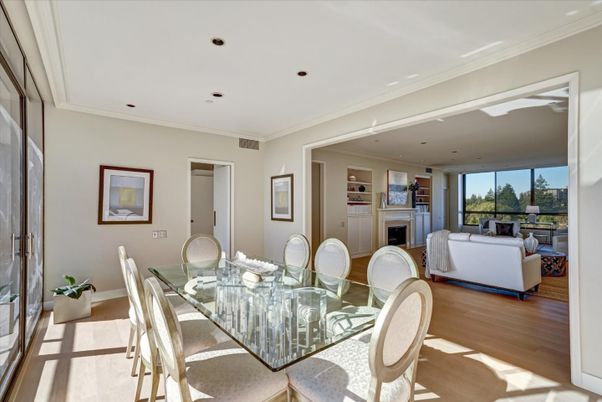 Dining room, Fireplace, Interior, Living room, Recessed Lighting, Wood Texture Flooring