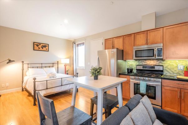 Bedroom, Interior, Kitchen, Recessed Lighting, Stainless Steel Appliances, Wood Texture Flooring