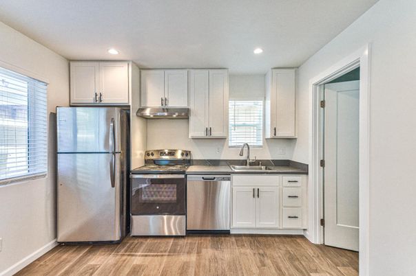 Interior, Kitchen, Recessed Lighting, Stainless Steel Appliances, Wood Texture Flooring