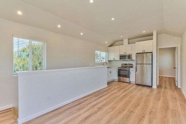 Interior, Kitchen, Recessed Lighting, Stainless Steel Appliances, Wood Texture Flooring
