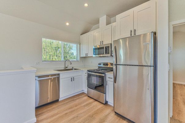 Interior, Kitchen, Recessed Lighting, Stainless Steel Appliances, Wood Texture Flooring
