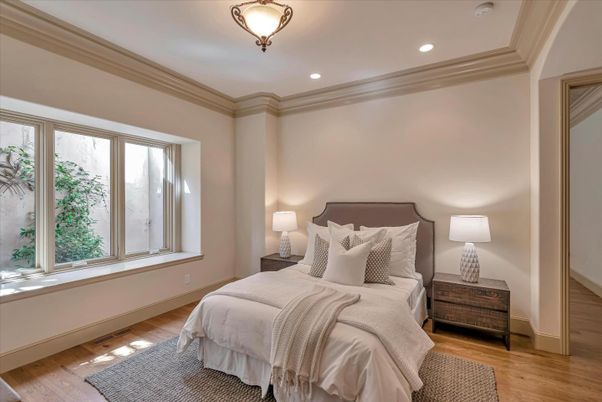 Bedroom, Interior, Recessed Lighting, Wood Texture Flooring