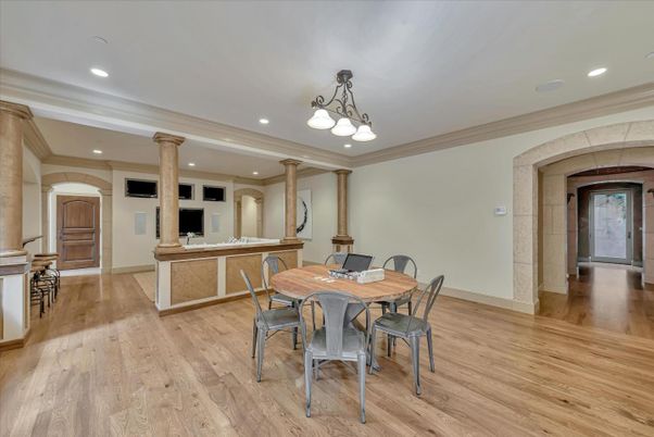 Dining room, Interior, Pendant Lights, Recessed Lighting, Wood Texture Flooring