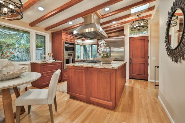 Chandelier, Interior, Kitchen, Recessed Lighting, Stainless Steel Appliances, Wooden Beams, Wood Texture Flooring