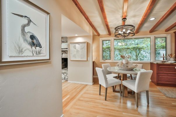 Chandelier, Dining room, Interior, Recessed Lighting, Wooden Beams, Wood Texture Flooring