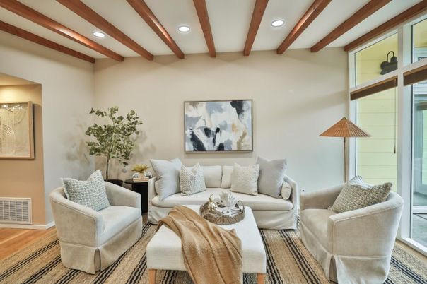Interior, Living room, Recessed Lighting, Wooden Beams, Wood Texture Flooring