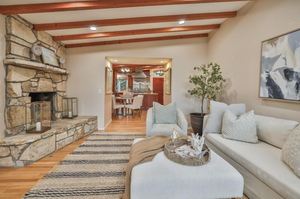 Dining room, Fireplace, Interior, Living room, Recessed Lighting, Stone Walls, Wooden Beams, Wood Texture Flooring