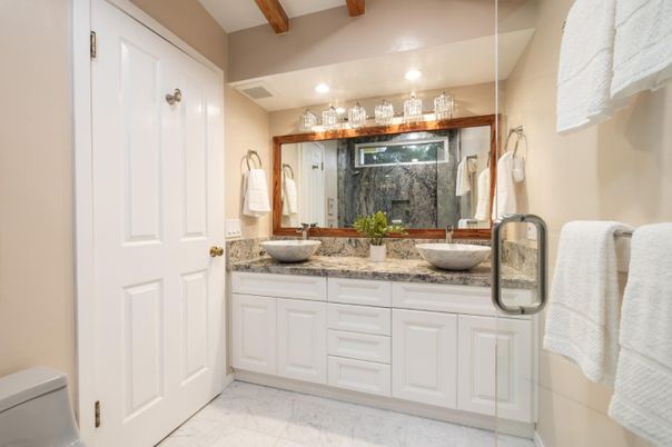 Bathroom, Dual Sink Vanities, Glass Shower, Interior, Marble, Recessed Lighting