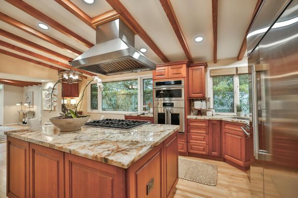 Interior, Kitchen, Recessed Lighting, Stainless Steel Appliances, Wooden Beams, Wood Texture Flooring