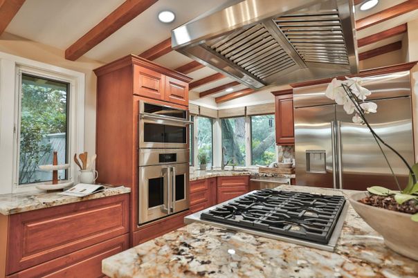 Interior, Kitchen, Recessed Lighting, Stainless Steel Appliances, Wooden Beams