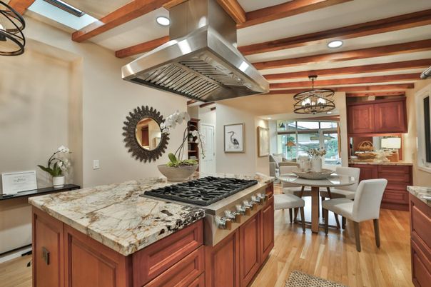 Chandelier, Dining room, Interior, Kitchen, Pendant Lights, Recessed Lighting, Stainless Steel Appliances, Wooden Beams, Wood Texture Flooring