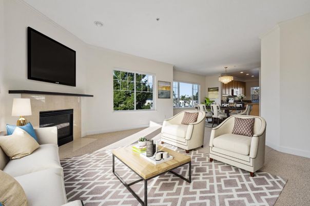 Chandelier, Dining room, Fireplace, Interior, Kitchen, Living room, Recessed Lighting
