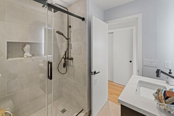 Bathroom, Glass Shower, Interior, Wood Texture Flooring