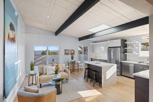Dining room, Interior, Kitchen, Living room, Pendant Lights, Stainless Steel Appliances, Wooden Beams, Wood Texture Flooring