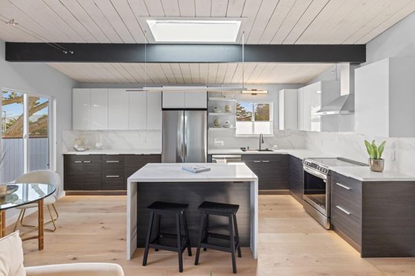 Interior, Kitchen, Marble Walls, Pendant Lights, Stainless Steel Appliances, Wood Texture Flooring