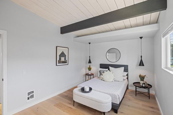 Bedroom, Interior, Pendant Lights, Wooden Beams, Wood Texture Flooring
