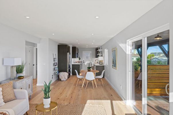 Dining room, Interior, Living room, Recessed Lighting, Wood Texture Flooring