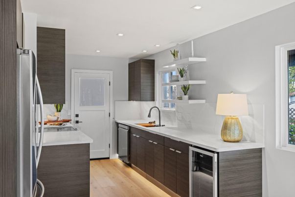Interior, Kitchen, Recessed Lighting, Stainless Steel Appliances, Wood Texture Flooring