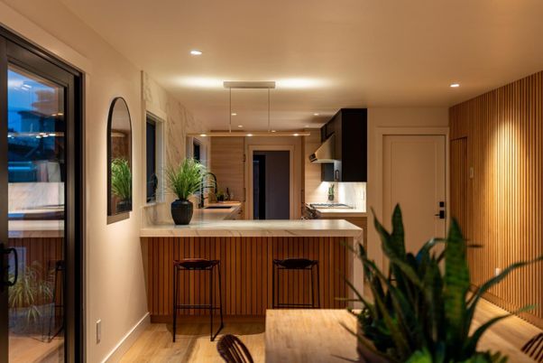 Interior, Kitchen, Pendant Lights, Recessed Lighting, Wood Texture Flooring
