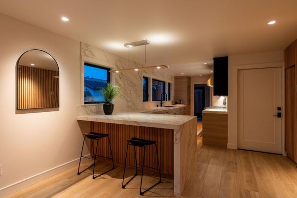 Interior, Kitchen, Marble Walls, Pendant Lights, Recessed Lighting, Wood Texture Flooring