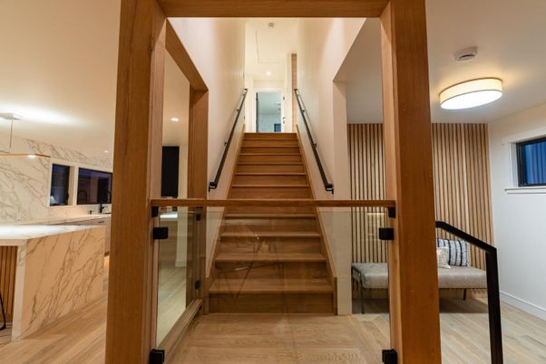 Interior, Marble Walls, Recessed Lighting, Wood Texture Flooring