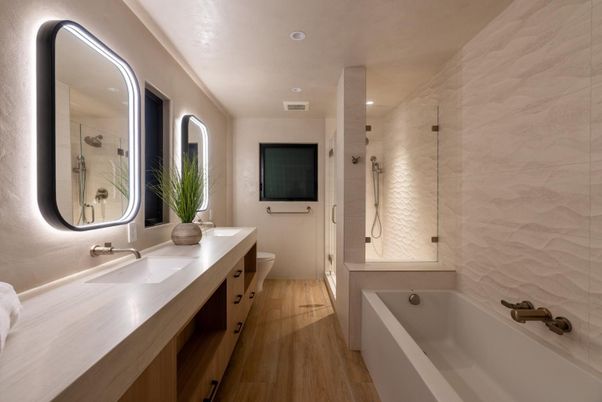 Bathroom, Dual Sink Vanities, Glass Shower, Interior, Recessed Lighting, Wood Texture Flooring