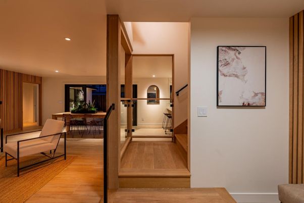 Dining room, Interior, Recessed Lighting, Wood Texture Flooring