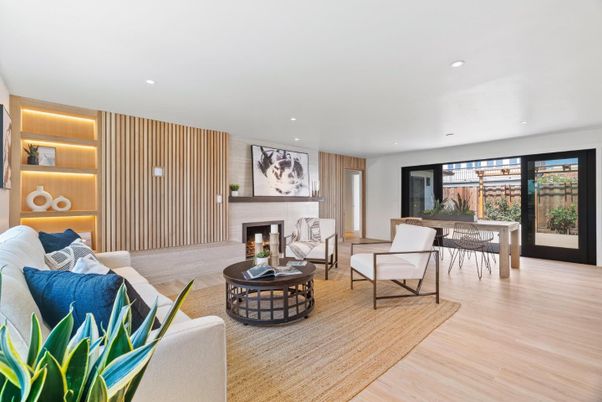 Dining room, Fireplace, Interior, Living room, Recessed Lighting, Wood Texture Flooring