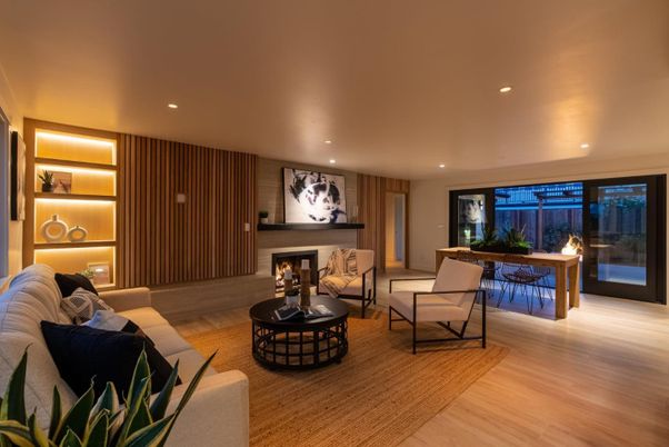 Dining room, Fireplace, Interior, Living room, Recessed Lighting, Wood Texture Flooring