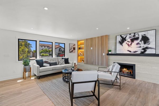 Fireplace, Interior, Living room, Recessed Lighting, Wood Texture Flooring