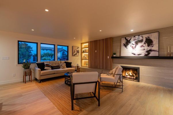 Fireplace, Interior, Living room, Recessed Lighting, Wood Texture Flooring