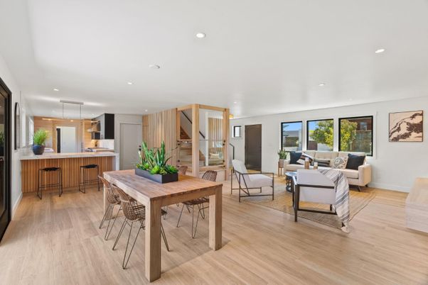 Dining room, Interior, Kitchen, Living room, Pendant Lights, Recessed Lighting, Wood Texture Flooring